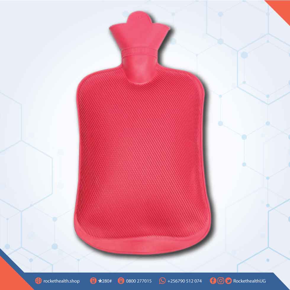 Red rubber hot water bag, capacity 2 liters (0.55 US gallons).